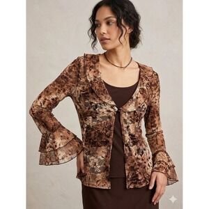 Sheer Floral Mesh Bell Sleeve Top Brown Ruffle Boho Fairy Grunge Small